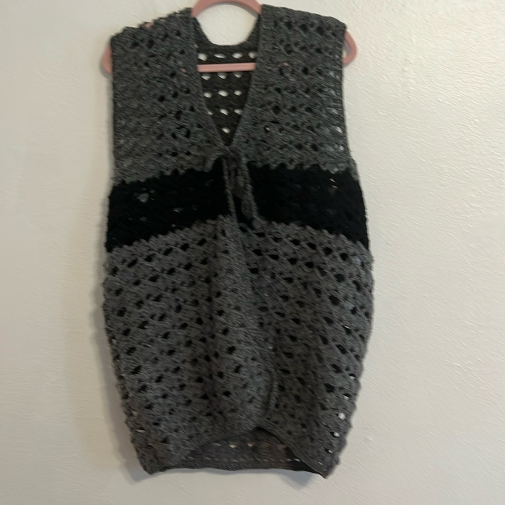 VTG Hand Crocheted Women’s Vest Charcoal Gray With Black Stripe and M/L
